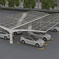 Solar Panel Canopy Covered Parking Lot With White Vehicles And Yellow Lines