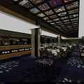 Elegant Restaurant Interior With Ornate Ceiling Wooden Tables And Floral Carpet