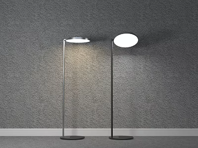Modern Floor Lamps With Metal Pole And Round Shade Against Gray Wall Interior 3d model