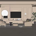 Modern Living Room Interior Design With Beige Sofa Round Coffee Table And Crystal Chandelier