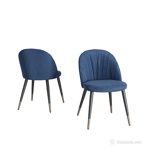 Elegant Blue Velvet Dining Chairs With Pleated Back And Black And Gold Legs 3d model 