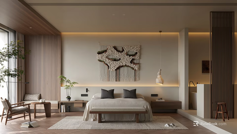 Serene Modern Bedroom Interior With Macramé Wall Art Neutral Tones And Pendant Lighting 3d model 