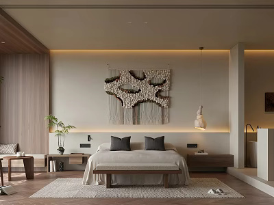 Serene Modern Bedroom Interior With Macramé Wall Art Neutral Tones And Pendant Lighting 3d model