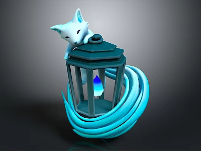 White Fox Character Resting On Dark Blue Lantern With Blue Flame And Wavy Tail 3d model