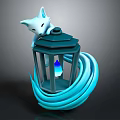 White Fox Character Resting On Dark Blue Lantern With Blue Flame And Wavy Tail