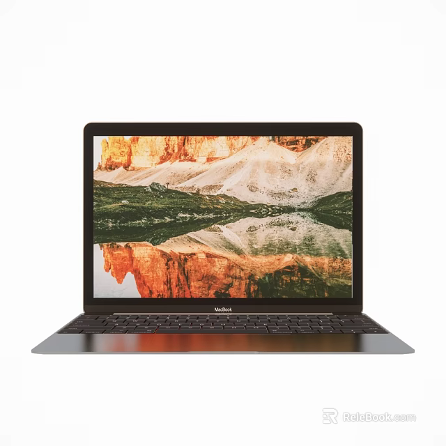 Open MacBook Laptop Featuring Modern Screen Displaying Mountain Landscape And Lake Reflection 3d model 