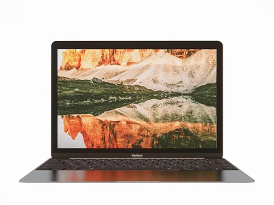 Open MacBook Laptop Featuring Modern Screen Displaying Mountain Landscape And Lake Reflection 3d model