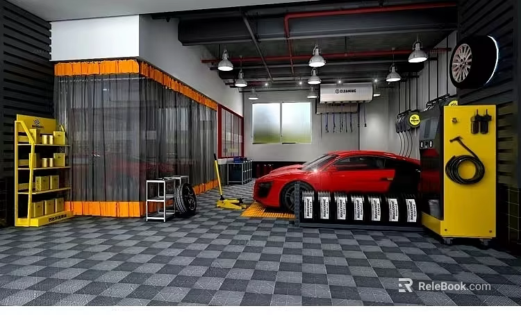 4S Shop Interior With Red Sports Car Service Bay Repair Tools And Checkered Floor 3d model 