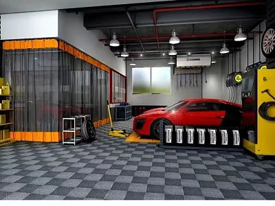 4S Shop Interior With Red Sports Car Service Bay Repair Tools And Checkered Floor 3d model