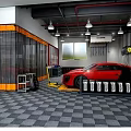 4S Shop Interior With Red Sports Car Service Bay Repair Tools And Checkered Floor