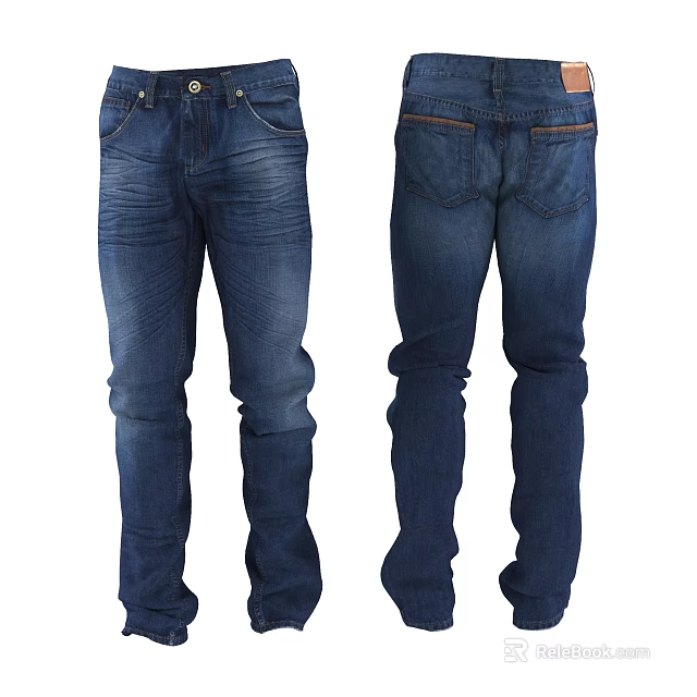 Blue Denim Jeans Front And Back View With Classic Design And Pockets 3d model 