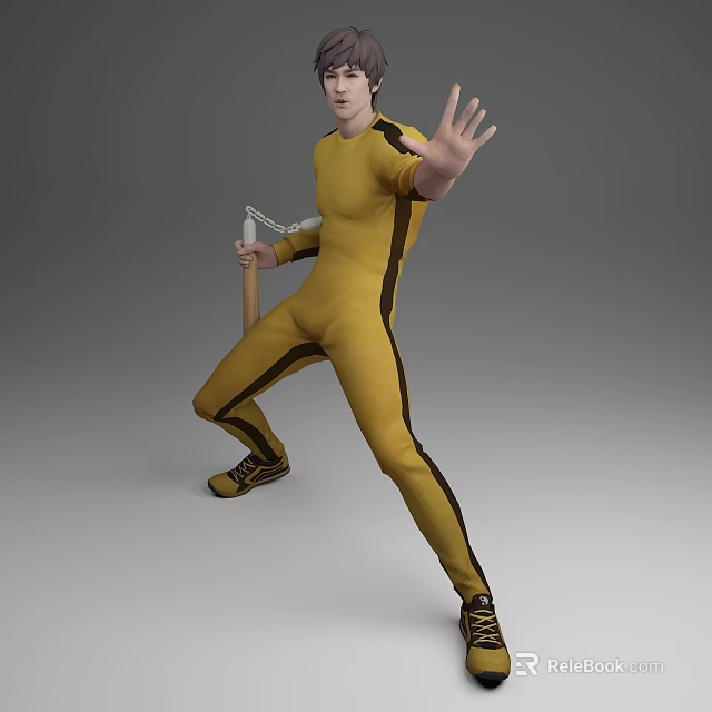 Human Character In Yellow Jumpsuit Performing Martial Arts With Nunchaku 3d model 
