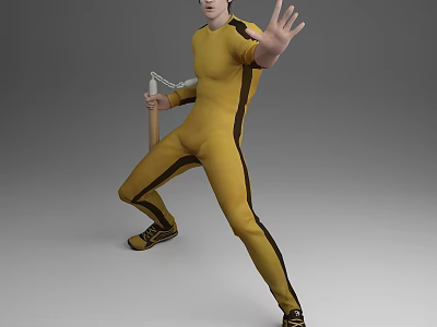 Human Character In Yellow Jumpsuit Performing Martial Arts With Nunchaku 3d model