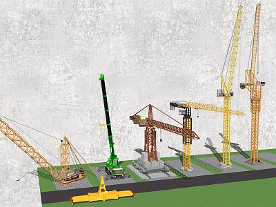 Industrial Equipment Display Featuring Various Tower And Mobile Cranes On Construction Site 3d model