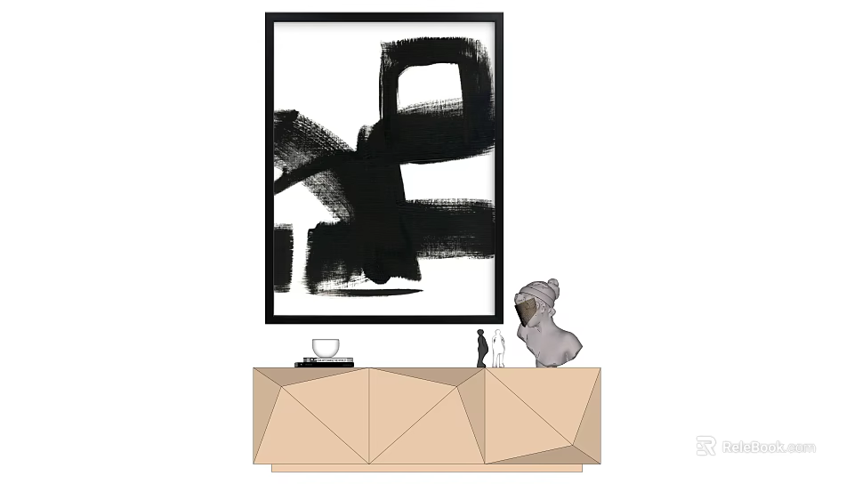 Modern Interior With Large Black And White Abstract Painting Above Geometric Cabinet 3d model 