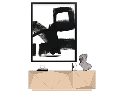 Modern Interior With Large Black And White Abstract Painting Above Geometric Cabinet 3d model