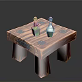 Vintage Wooden Table With Four Legs And Two Green Glass Bottles On Top