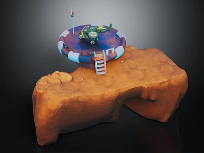 Green Airliner Model on Circular Platform with Ladder Above Rocky Structure 3d model