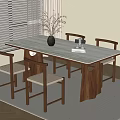 Wooden Dining Table Set with Four Chairs Marble Top in Room with Window and Rug