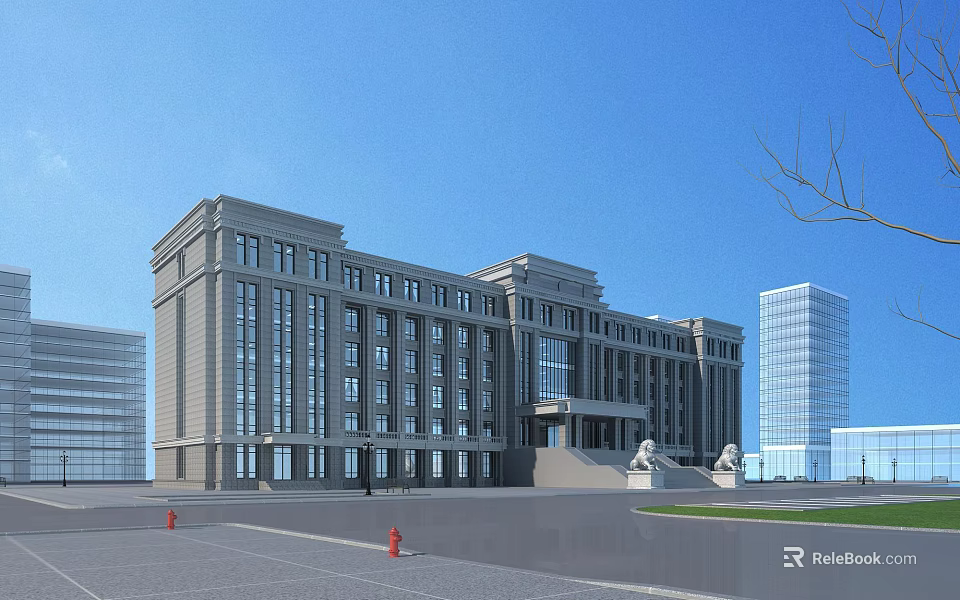 Classical Office Building with Symmetrical Design Multiple Windows Gray Facade and Grand Entrance Steps 3d model 