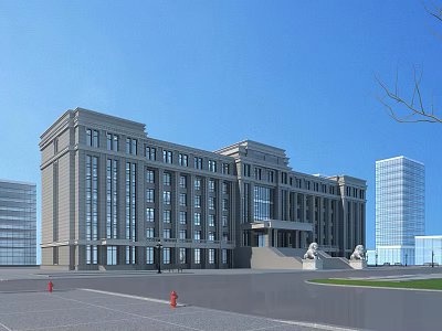 Classical Office Building with Symmetrical Design Multiple Windows Gray Facade and Grand Entrance Steps 3d model