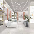 Modern Shopping Mall Store With White Reception Desk Display Shelves Bedding And Green Plants Interior