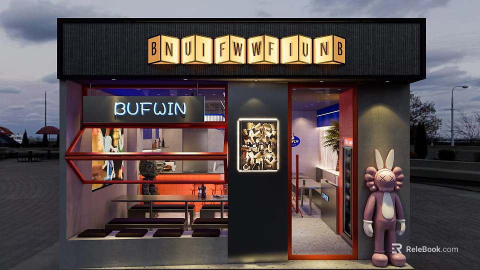 Modern Restaurant Exterior With Illuminated Signage Pink Rabbit Statue And Outdoor Seating 3d model 