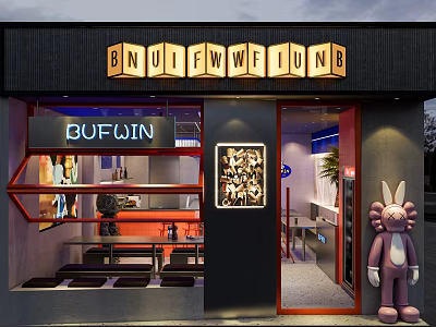 Modern Restaurant Exterior With Illuminated Signage Pink Rabbit Statue And Outdoor Seating 3d model