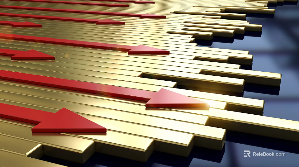 Gold And Red Arrows On Striped Structure With Metallic Shine And Light Effects 3d model 