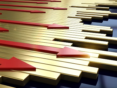 Gold And Red Arrows On Striped Structure With Metallic Shine And Light Effects 3d model