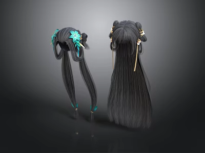 Black Long Hair Wigs With Blue Green And Gold Decorative Ornaments 3d model