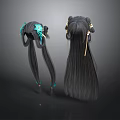 Black Long Hair Wigs With Blue Green And Gold Decorative Ornaments