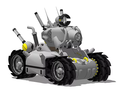 Mechanical Gray Tank With Large Wheels Cannon Antennas Headlights And Yellow Accents 3d model
