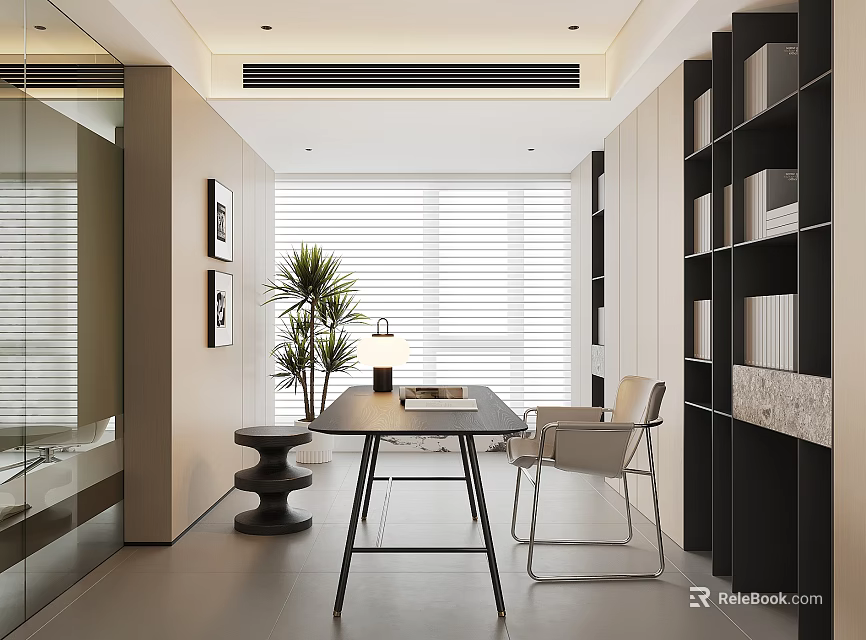 Modern Office Interior With Large Windows Blinds Bookshelves Desk And Potted Plant 3d model 