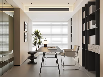 Modern Office Interior With Large Windows Blinds Bookshelves Desk And Potted Plant 3d model