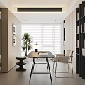 Modern Office Interior With Large Windows Blinds Bookshelves Desk And Potted Plant