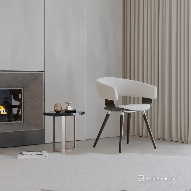 Modern White Leisure Chair With Black Wooden Legs In Living Room With Fireplace And Curtains 3d model 