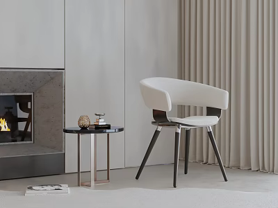 Modern White Leisure Chair With Black Wooden Legs In Living Room With Fireplace And Curtains 3d model