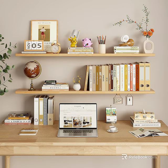 Well Arranged Home Desk With Laptop Books Globe Lamp Decorations Vase Flowers And Green Plant 3d model 
