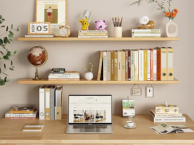Well Arranged Home Desk With Laptop Books Globe Lamp Decorations Vase Flowers And Green Plant 3d model