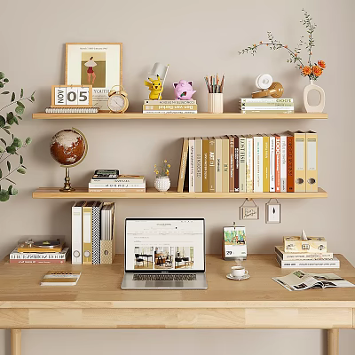 Well Arranged Home Desk With Laptop Books Globe Lamp Decorations Vase Flowers And Green Plant 3d model