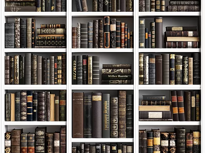 Tall Wooden Bookshelf Filled With Rows Of Classic Hardcover Books And Vintage Bindings 3d model