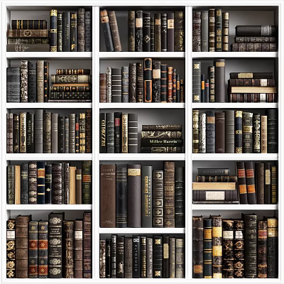 Tall Wooden Bookshelf Filled With Rows Of Classic Hardcover Books And Vintage Bindings 3d model
