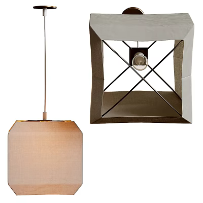 Modern Minimalist Pendant Light With Linen Shade And Square Metal Frame Structure 3d model
