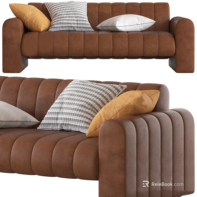 Brown Ribbed Sectional Sofa With Plaid Yellow And Gray Decorative Pillows 3d model 