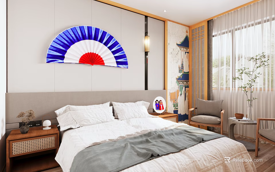 Hotel Guest Room Interior With Blue White Red Fan Shaped Decoration Wooden Nightstand And Chair 3d model 