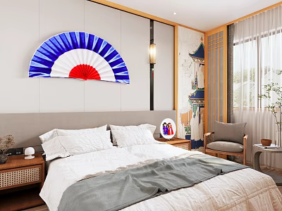 Hotel Guest Room Interior With Blue White Red Fan Shaped Decoration Wooden Nightstand And Chair 3d model