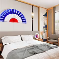 Hotel Guest Room Interior With Blue White Red Fan Shaped Decoration Wooden Nightstand And Chair