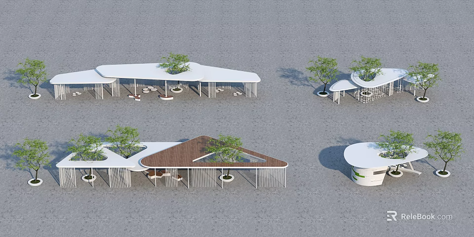 Modern Pergola Design With Various Roof Shapes Green Plants And Seating Spaces 3d model 