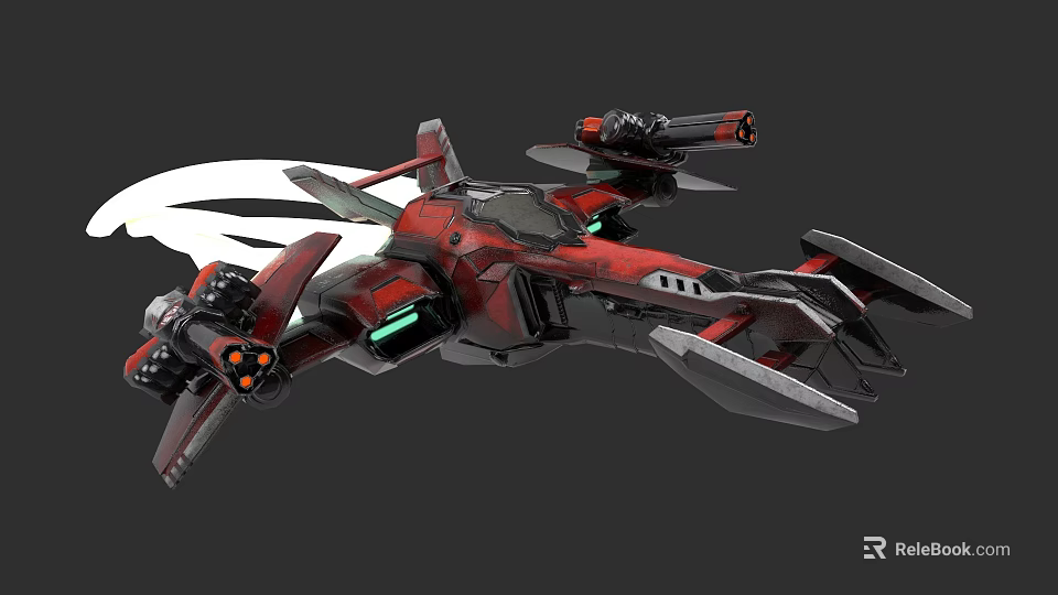 Advanced Red Sci Fi Spaceship With Mechanical Design And Green Lights 3d model